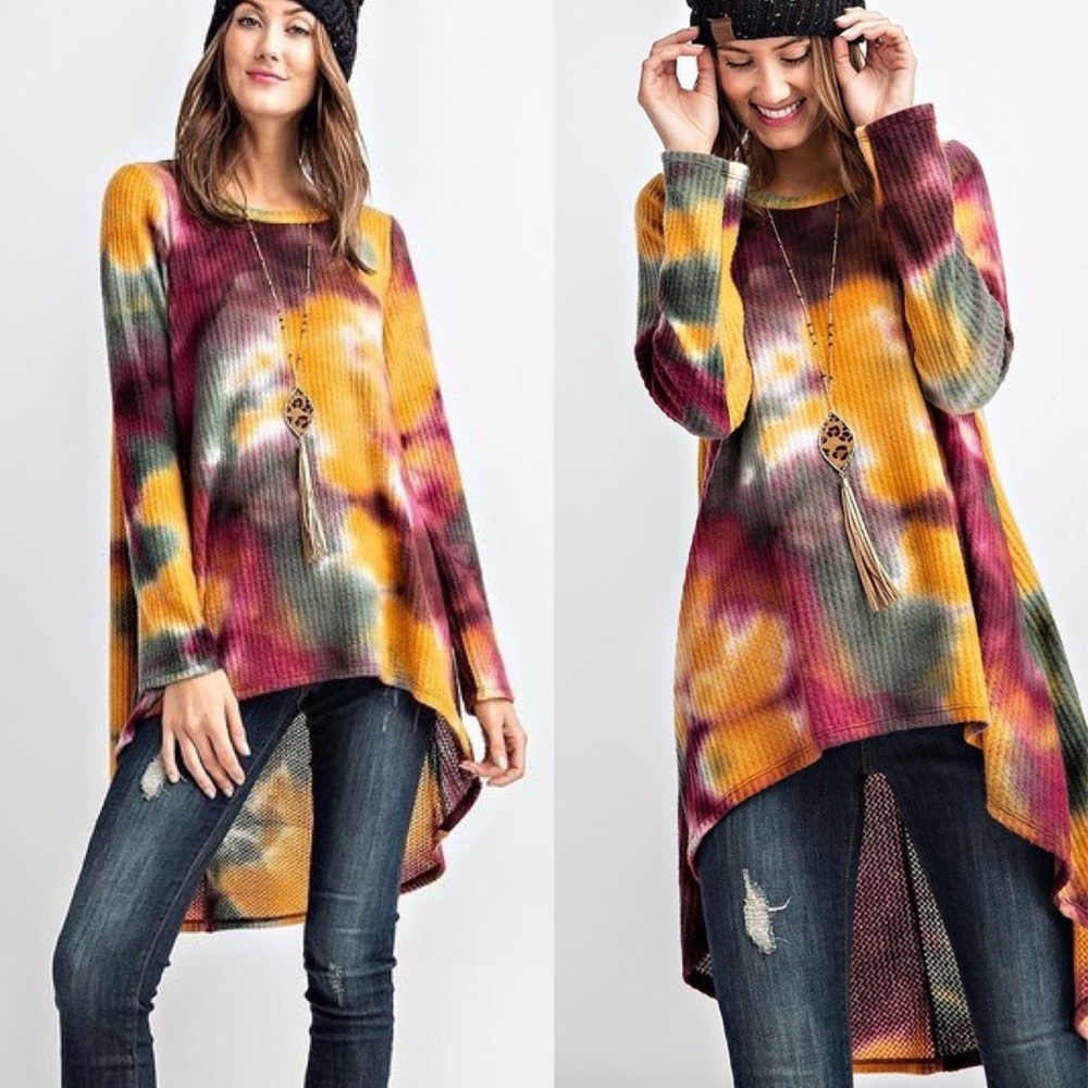 NWT Boutique Tie Dye Waffle Hi-Lo Knit Top S - 3XL - Picture 5 of 7